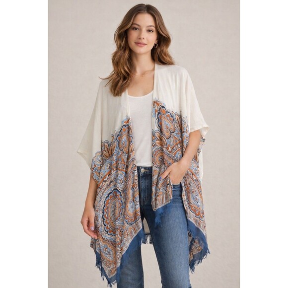 J. Jill Accessories - J Jill Paisley Poncho Shawl Womens One Size Open Front Fringe Boho Wrap